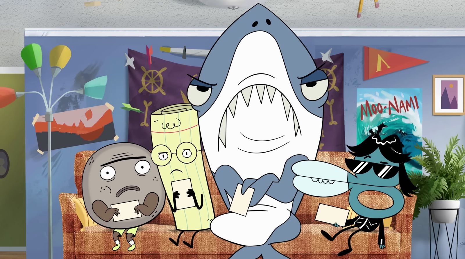 a cartoon picture of a shark and other cartoon characters