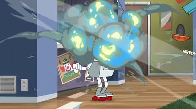 a cartoon character riding a skateboard in a room