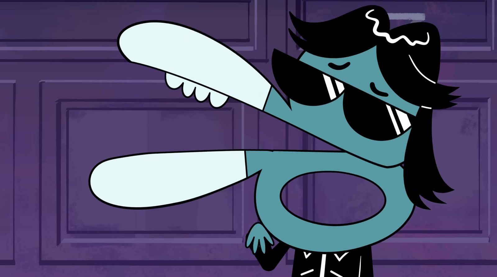 a cartoon character holding a giant pair of scissors