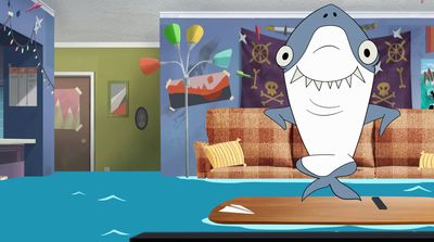 a cartoon shark standing on a surfboard in a living room