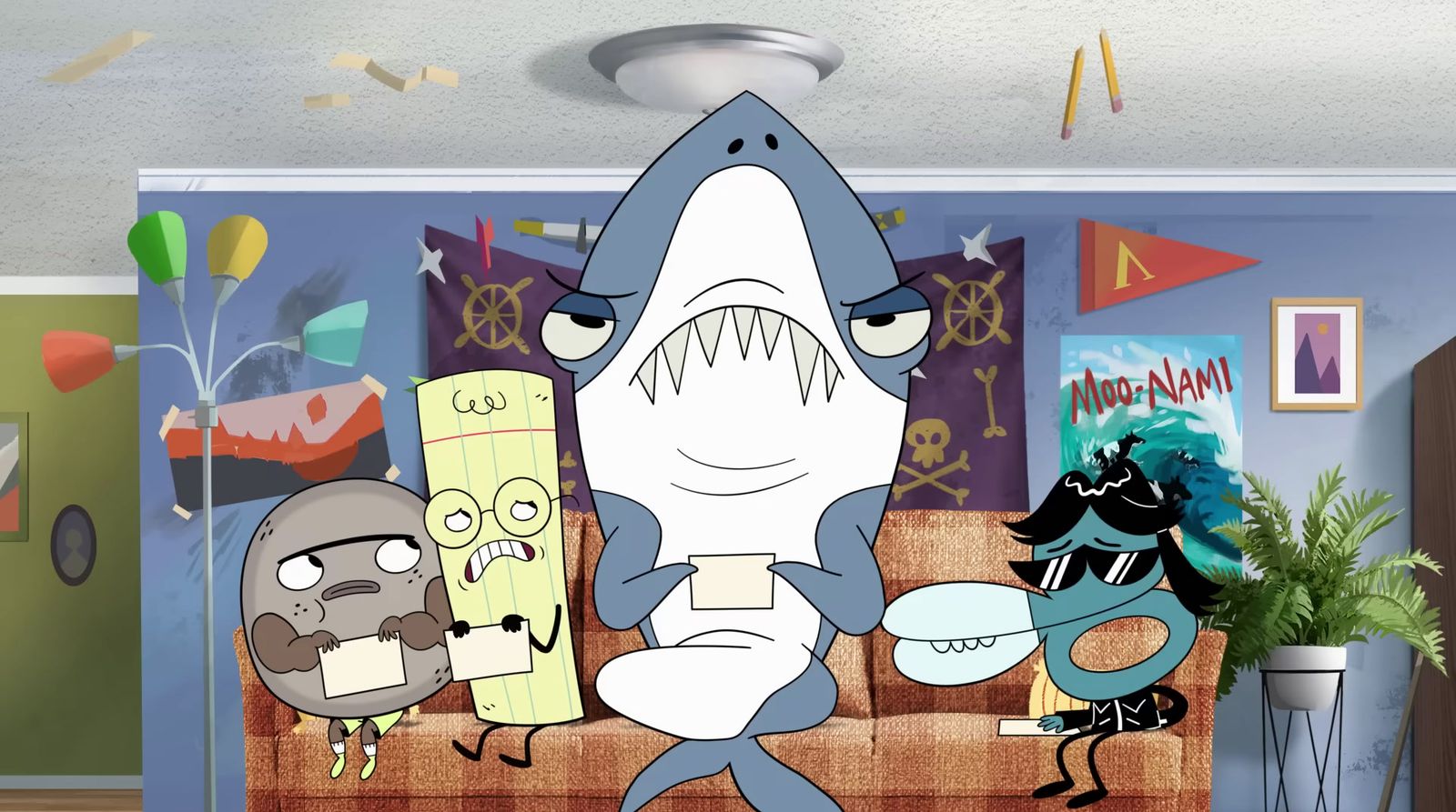 a cartoon of a living room with a shark and other cartoon characters