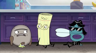 two cartoon characters standing in front of a purple cabinet