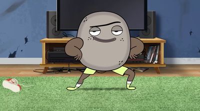 a cartoon character running in front of a tv