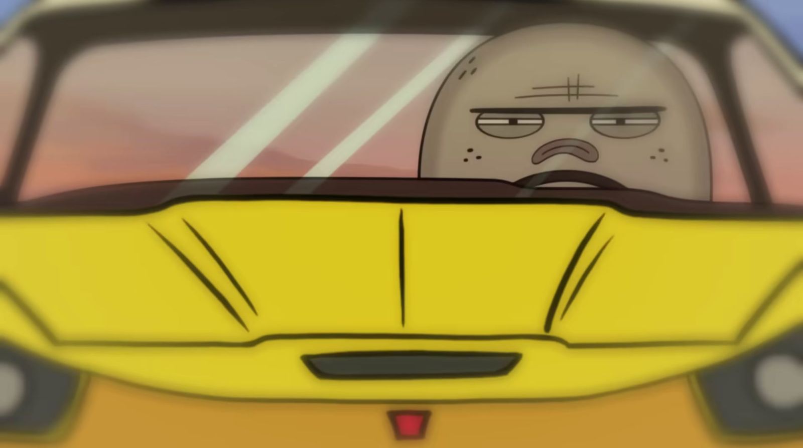 a yellow car with a cartoon character in the passenger seat