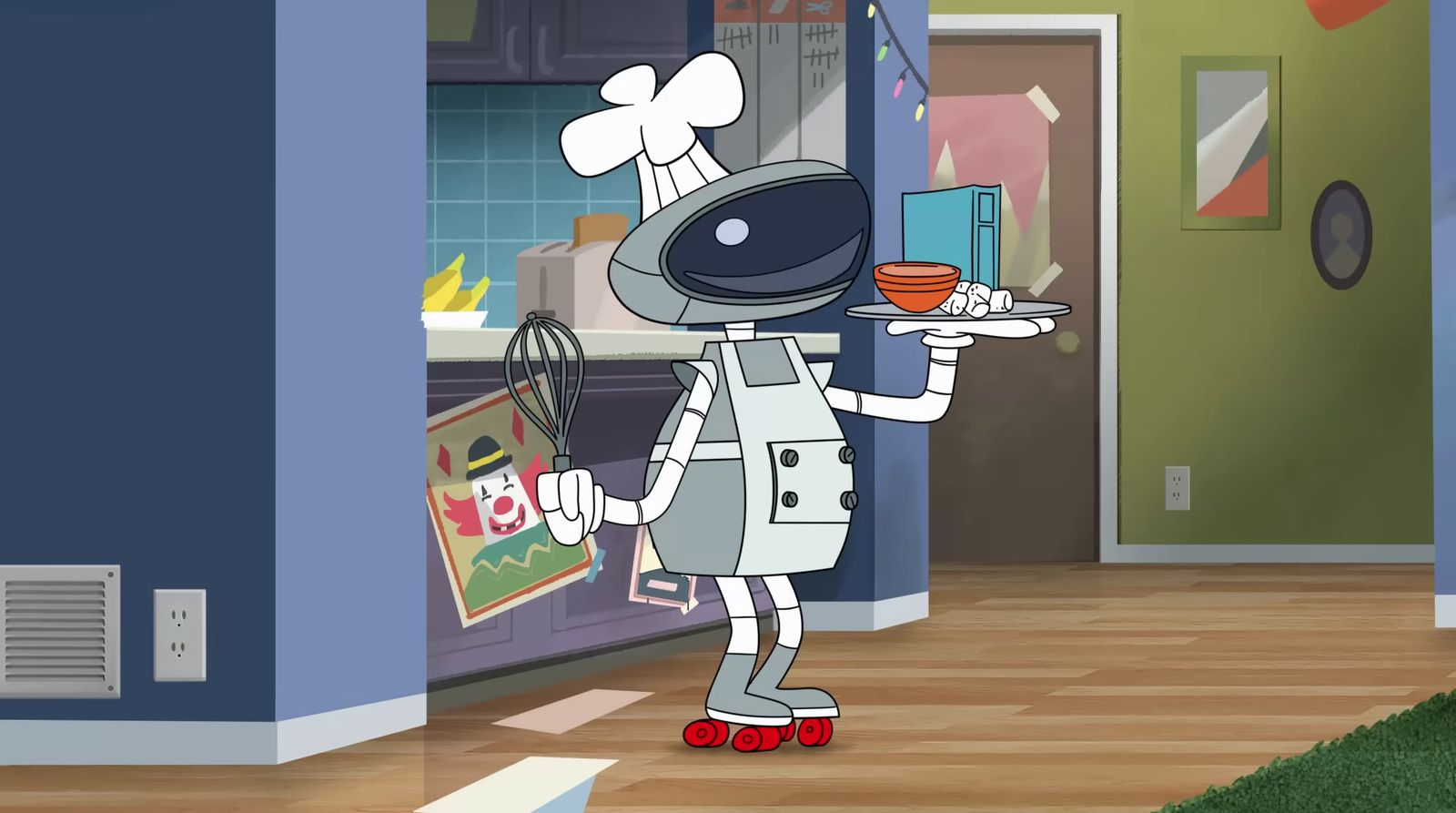 a cartoon character holding a bowl of food