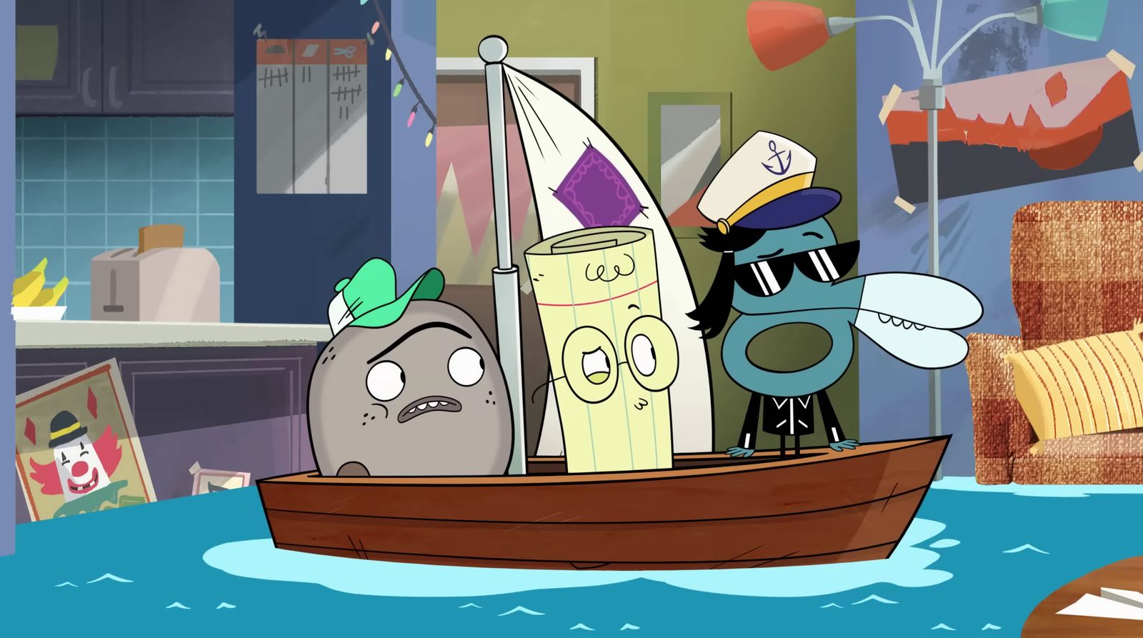 two cartoon characters in a boat in a room