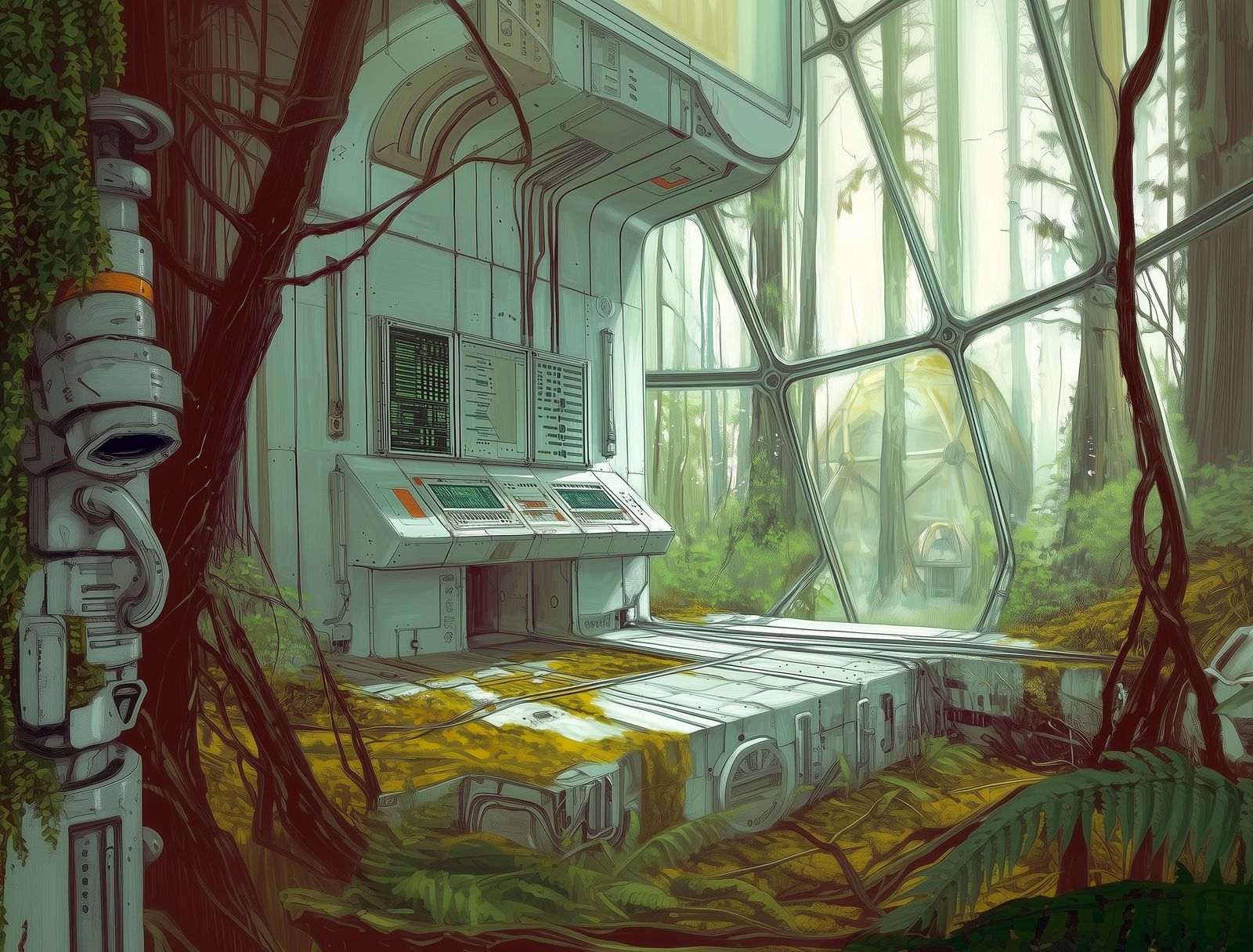 a painting of a sci - fi environment in a forest