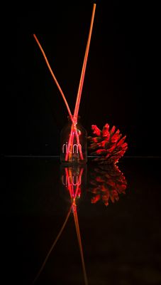 a couple of red sticks sitting on top of a table