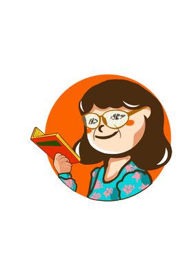 a woman with glasses holding a book in her hand
