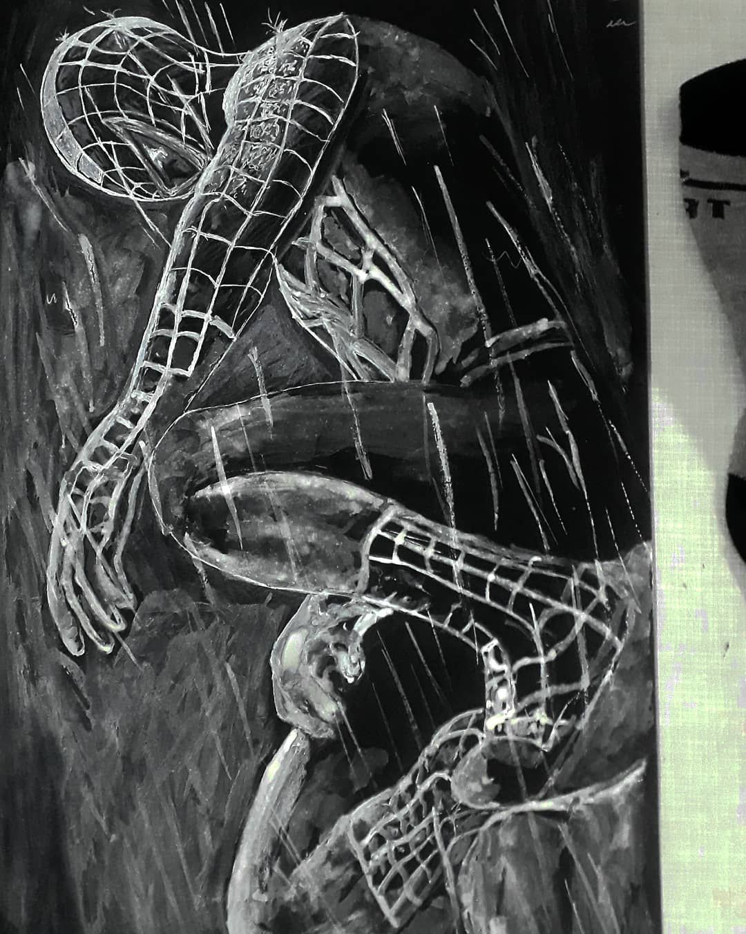 a black and white drawing of a man in the rain