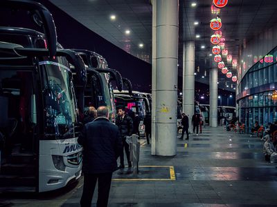 a group of buses parked next to each other