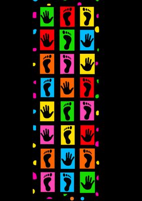 a multicolored picture of a person's hand and foot prints