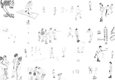 a drawing of a group of people standing around