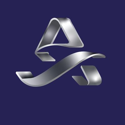 a silver logo on a blue background