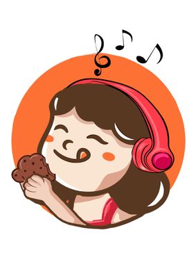 a girl with headphones eating a cookie