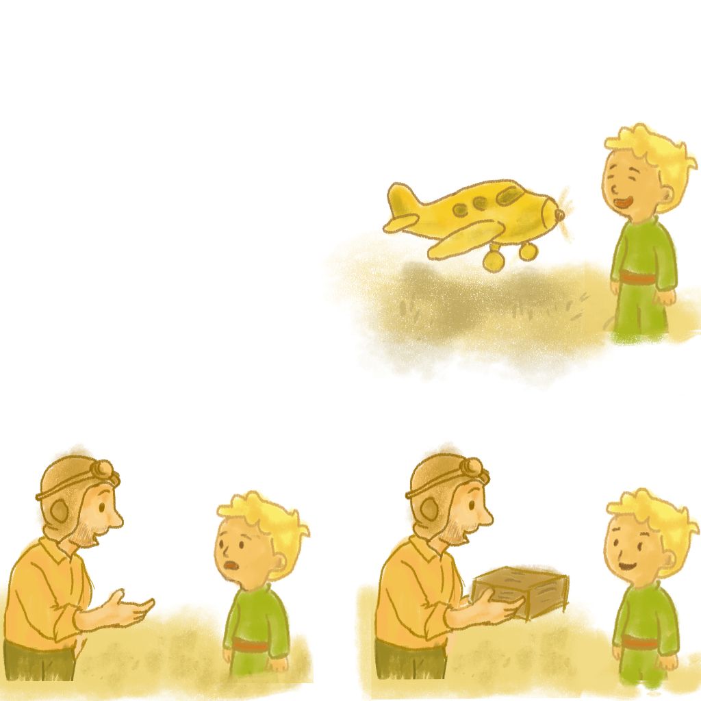 a drawing of a man holding a box with a plane in the background