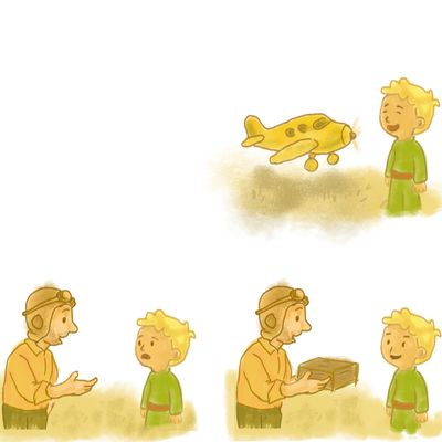 a drawing of a man holding a box with a plane in the background