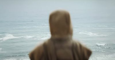 a blurry photo of a person standing in front of a body of water