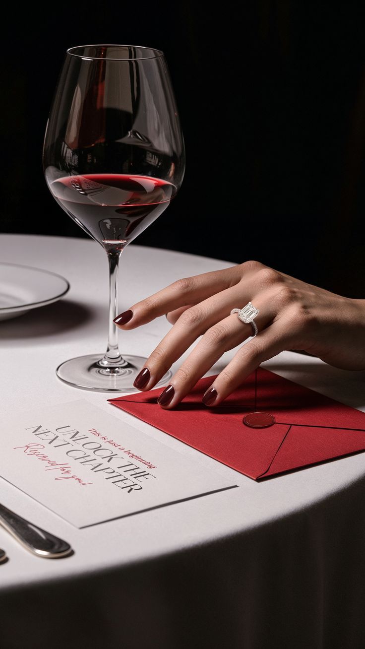 a woman's hand on a table with a glass of wine