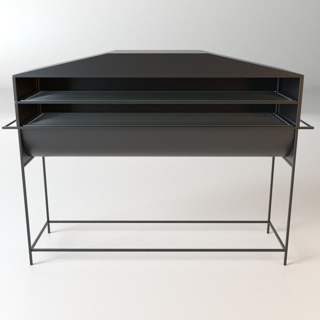 a black desk with three shelves on each side