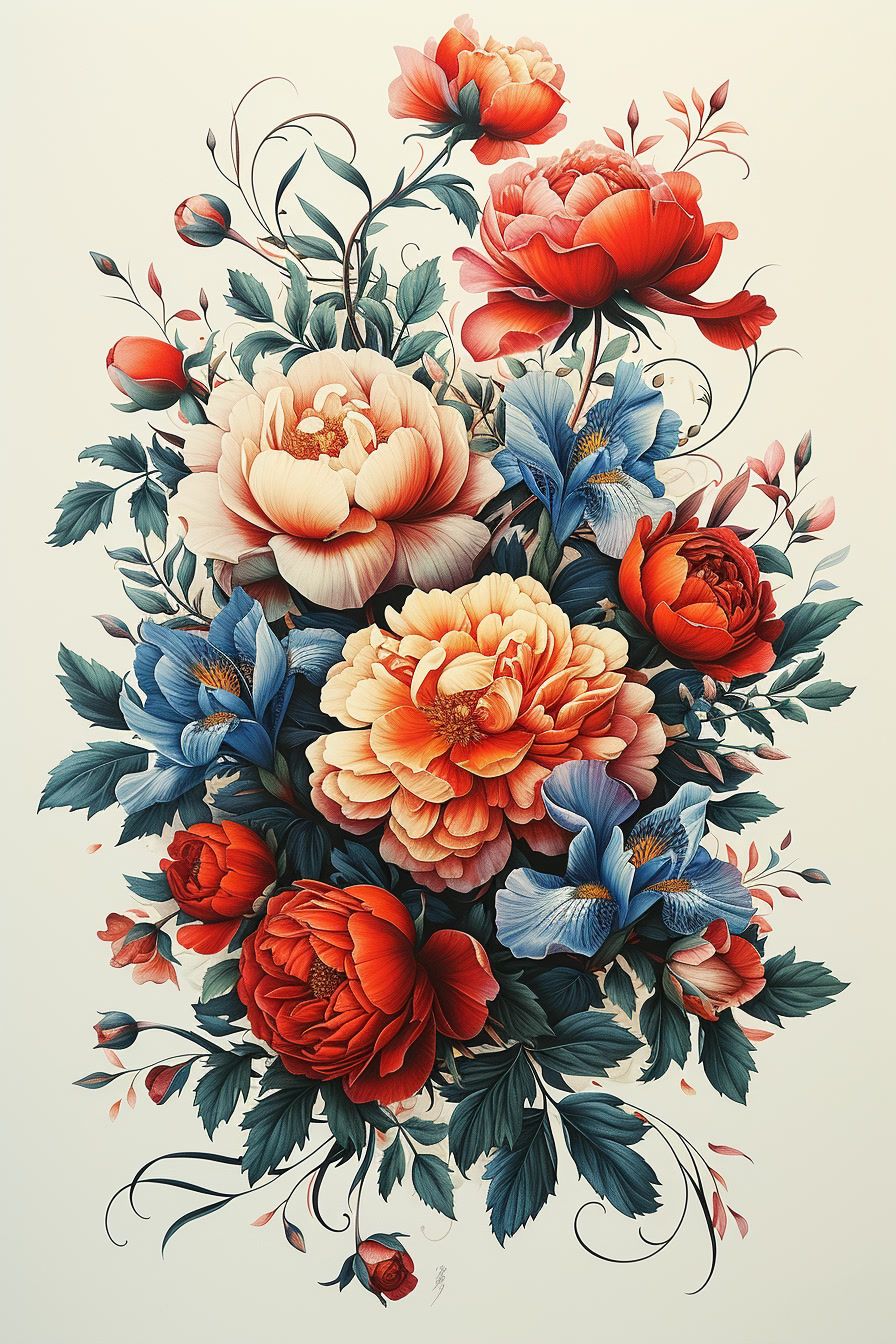 a painting of a bouquet of flowers on a white background