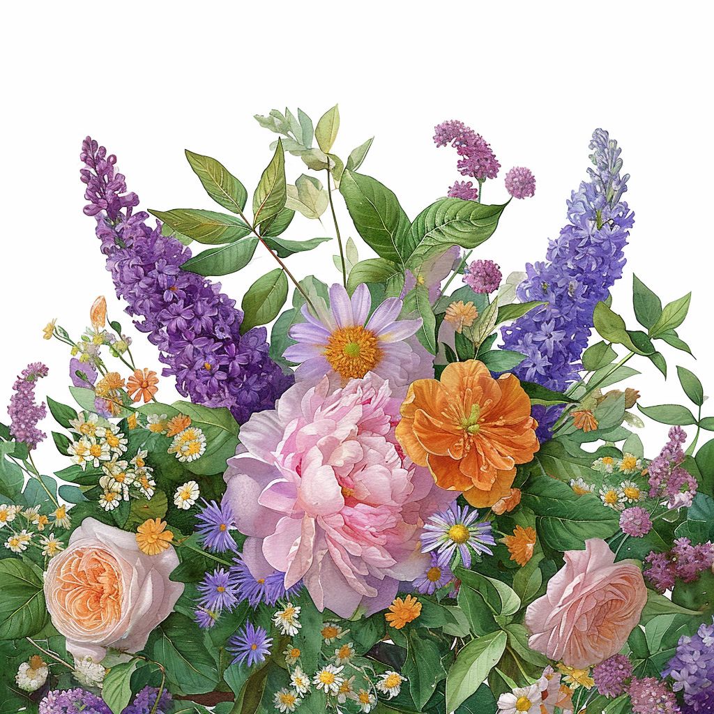 a painting of a bouquet of flowers on a white background