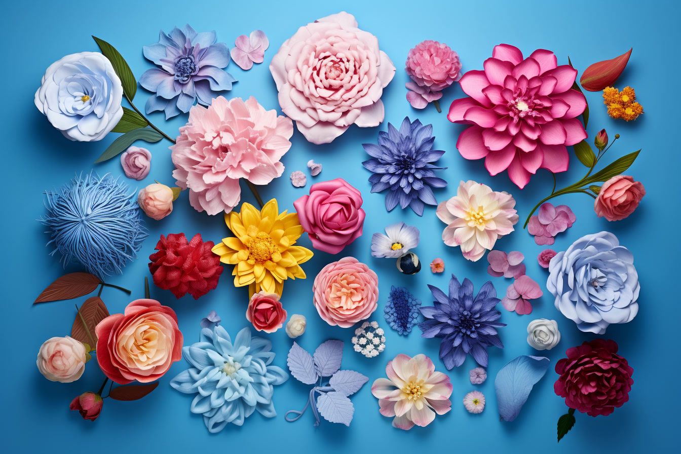 a bunch of paper flowers on a blue background