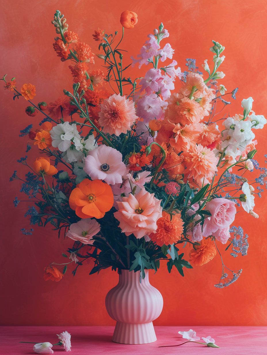 a white vase filled with lots of colorful flowers