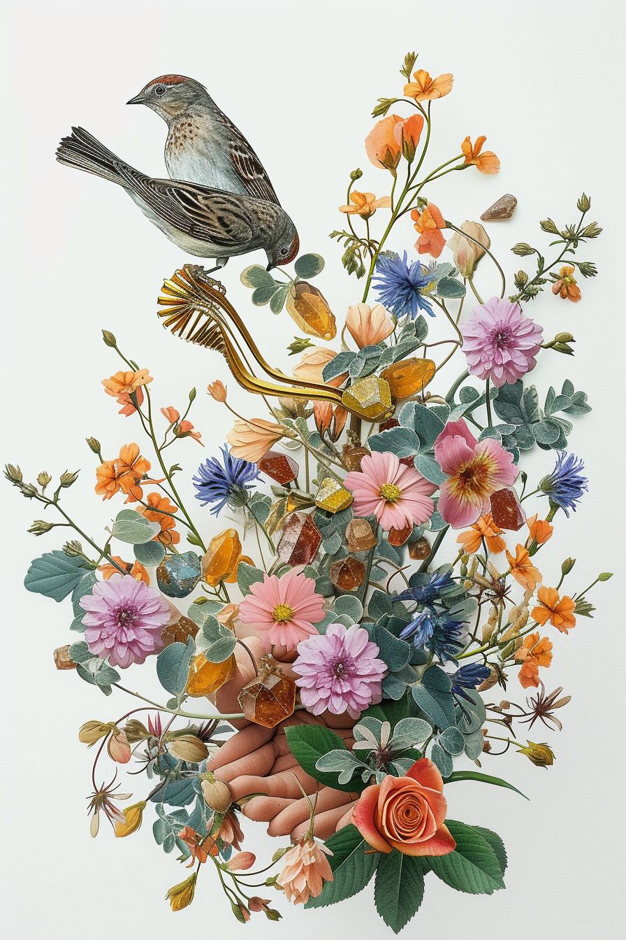 a painting of a bird sitting on top of a bouquet of flowers