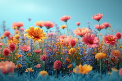 a field of flowers with blue sky in the background