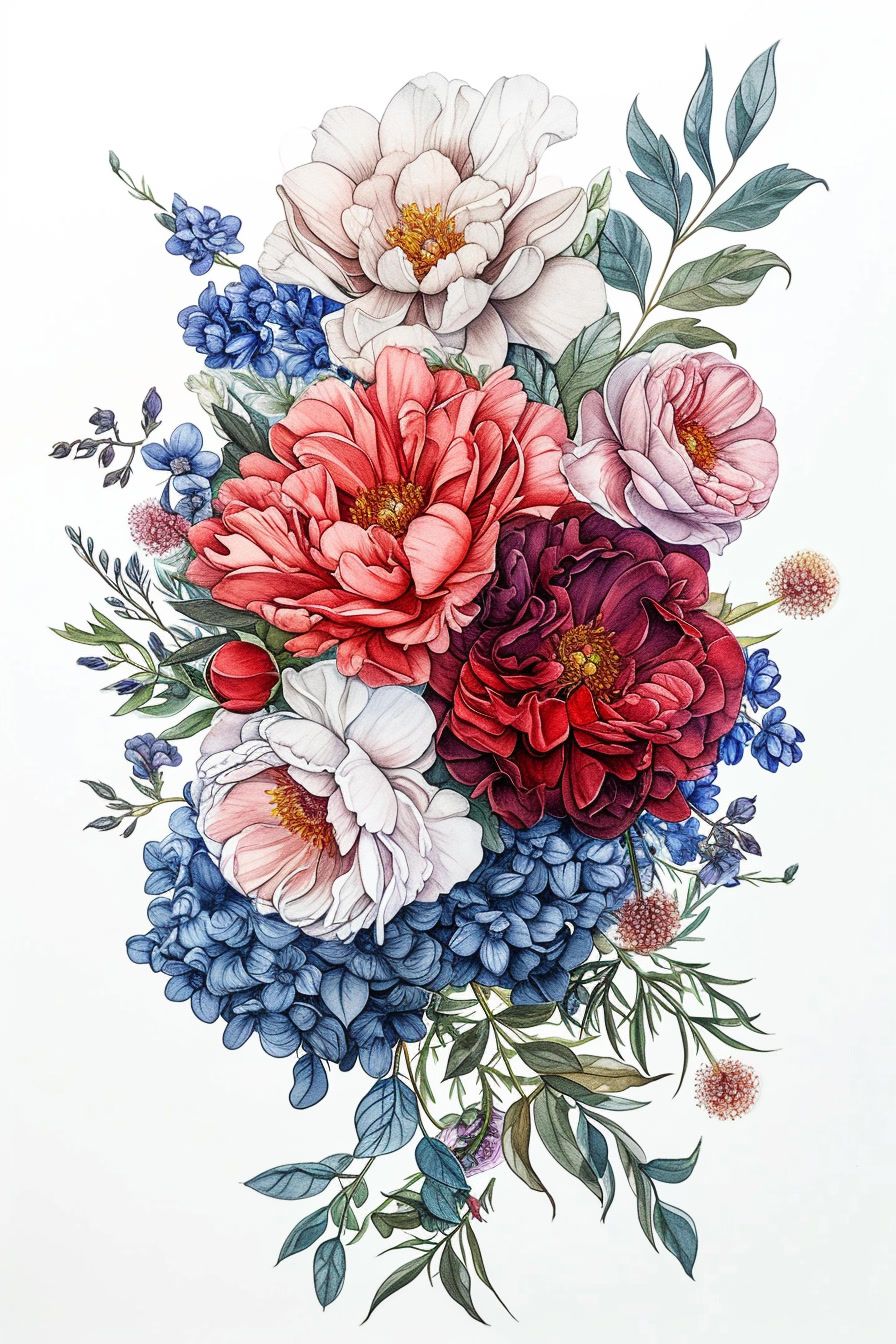 a bouquet of flowers painted on a white background