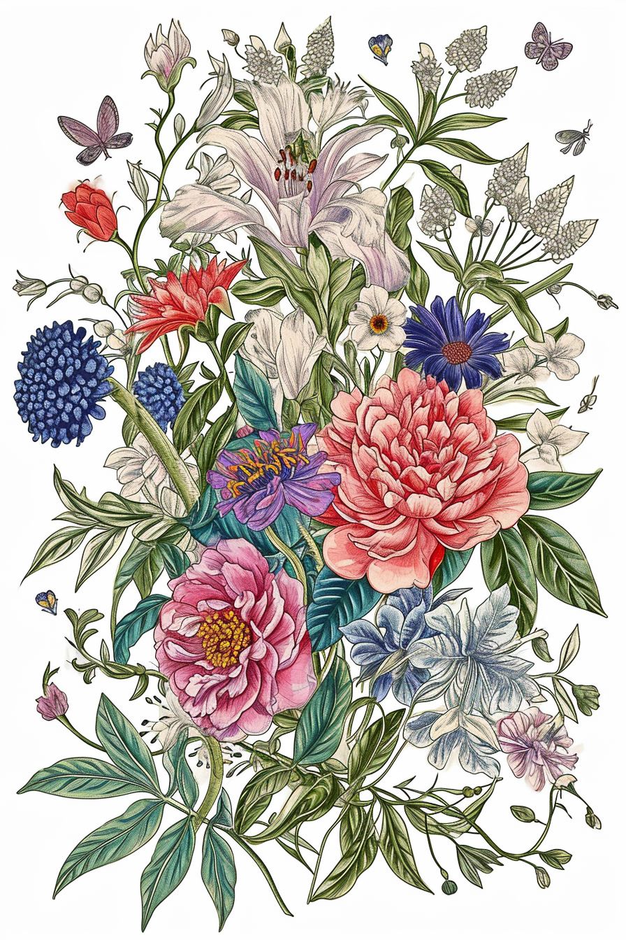 a drawing of a bouquet of flowers with butterflies