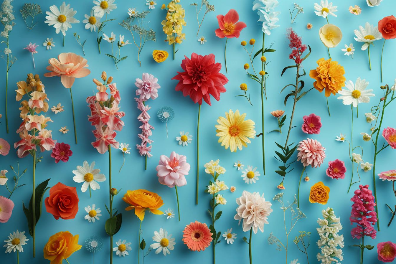 a bunch of flowers that are on a blue surface