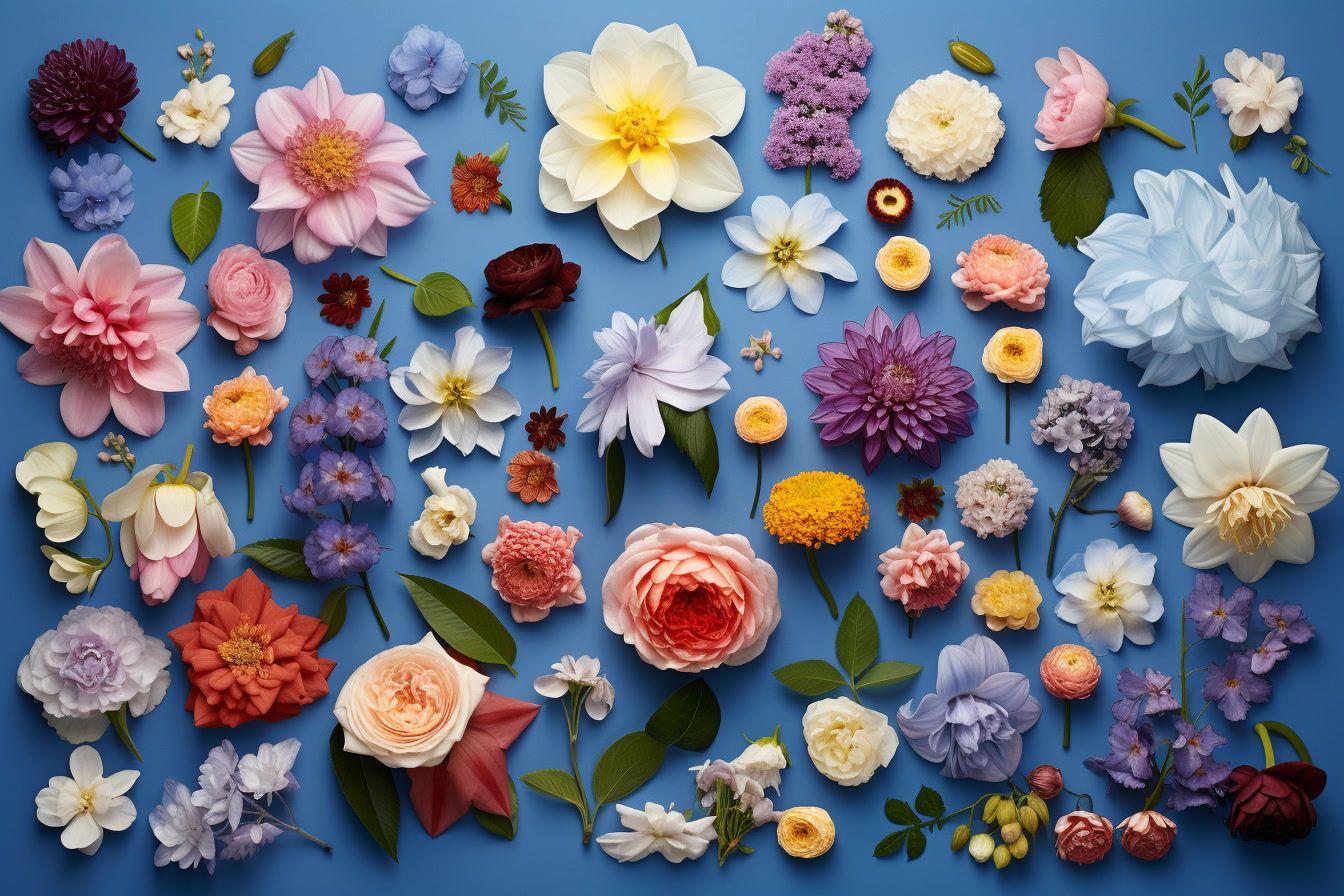 a bunch of flowers that are on a blue surface