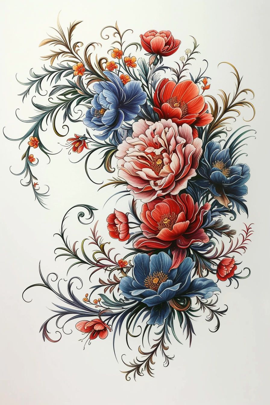 a painting of a bouquet of flowers on a white background