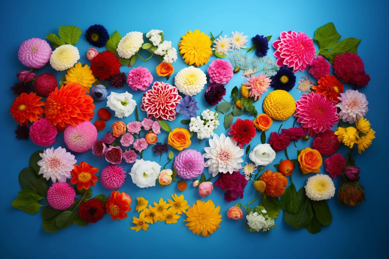 a bunch of different colored flowers on a blue background