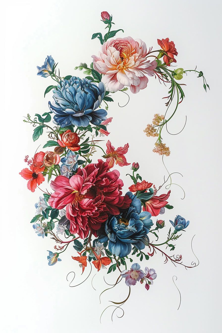 a painting of a bunch of flowers on a white background