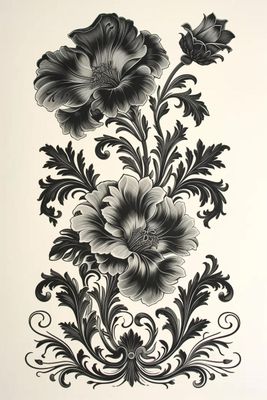 a black and white drawing of flowers on a white background