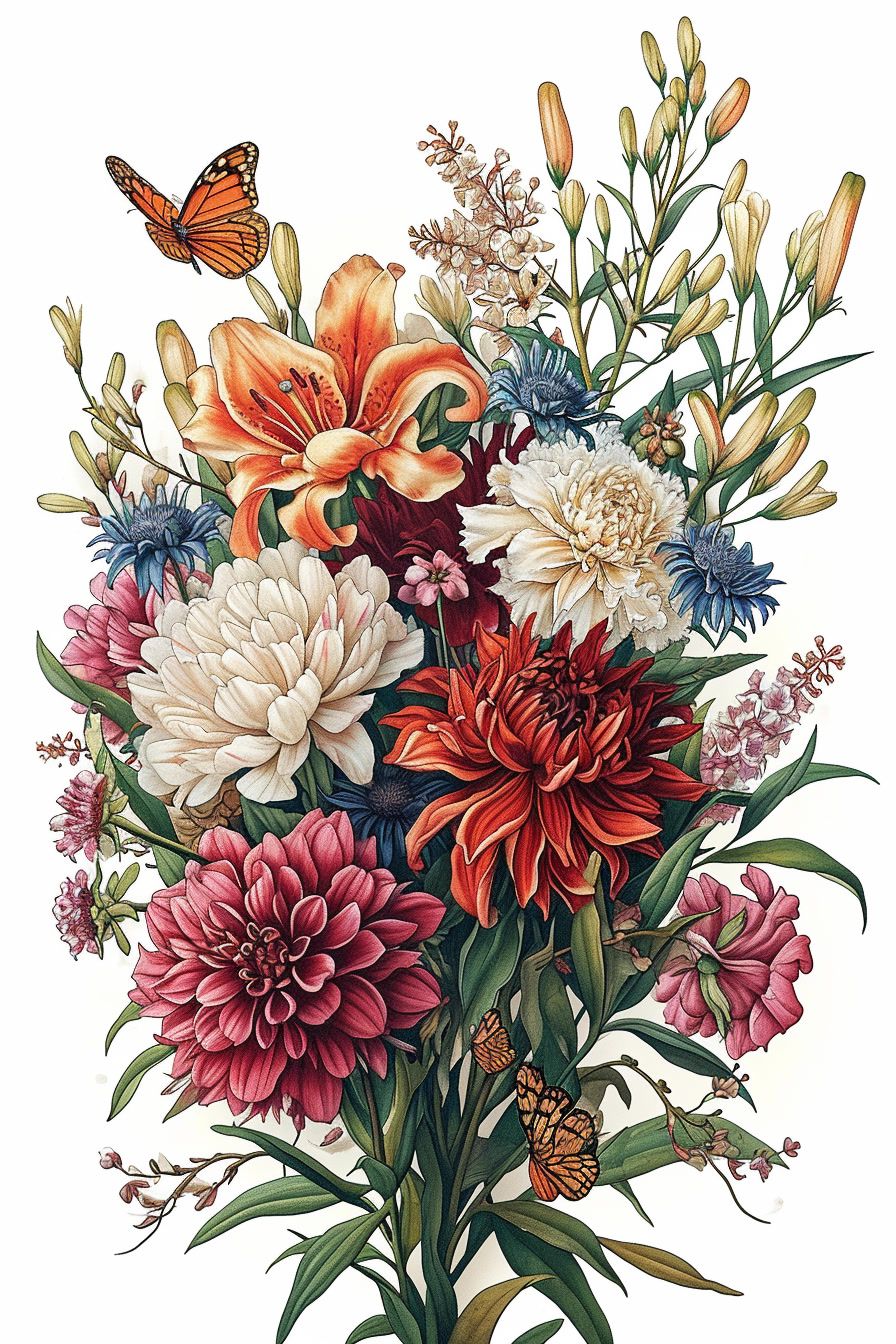 a bouquet of flowers and a butterfly on a white background