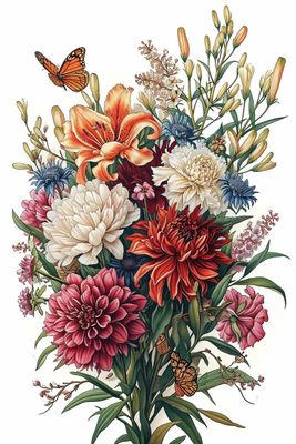 a bouquet of flowers and a butterfly on a white background