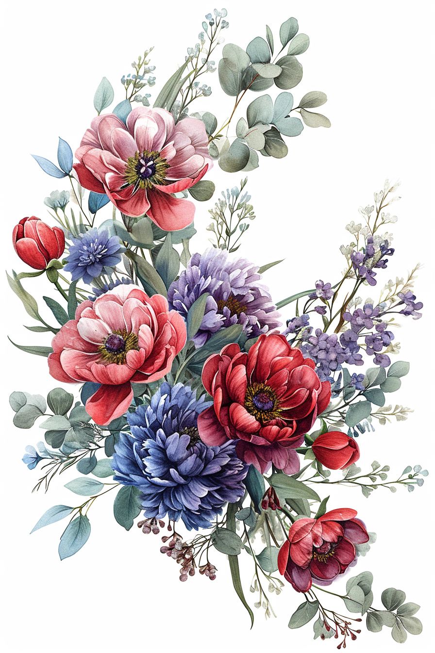 a bouquet of flowers painted in watercolor on a white background