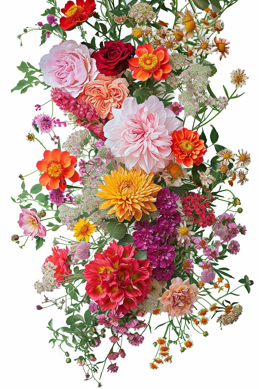 a bunch of different colored flowers on a white background