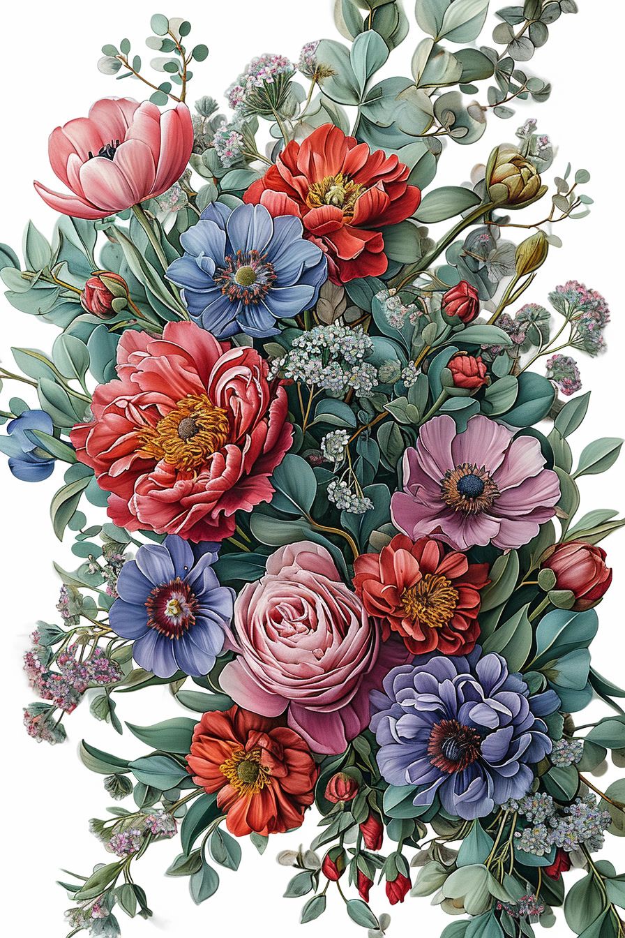 a painting of a bouquet of flowers on a white background