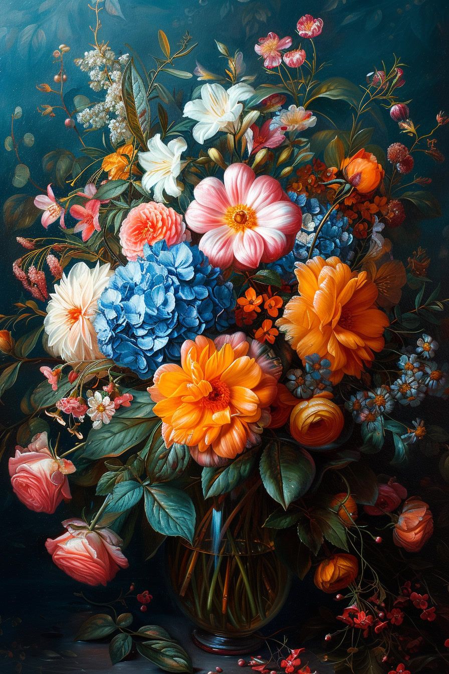 a painting of flowers in a vase on a table