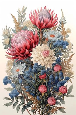 a painting of a bouquet of flowers on a white background