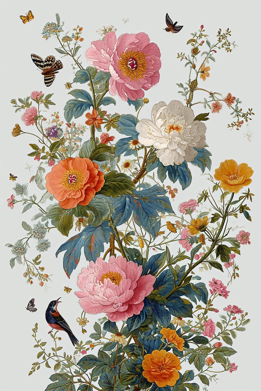 a painting of flowers and butterflies on a white background