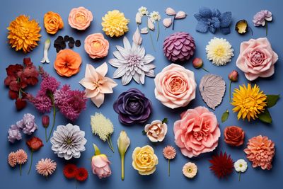 a bunch of different colored flowers on a blue background