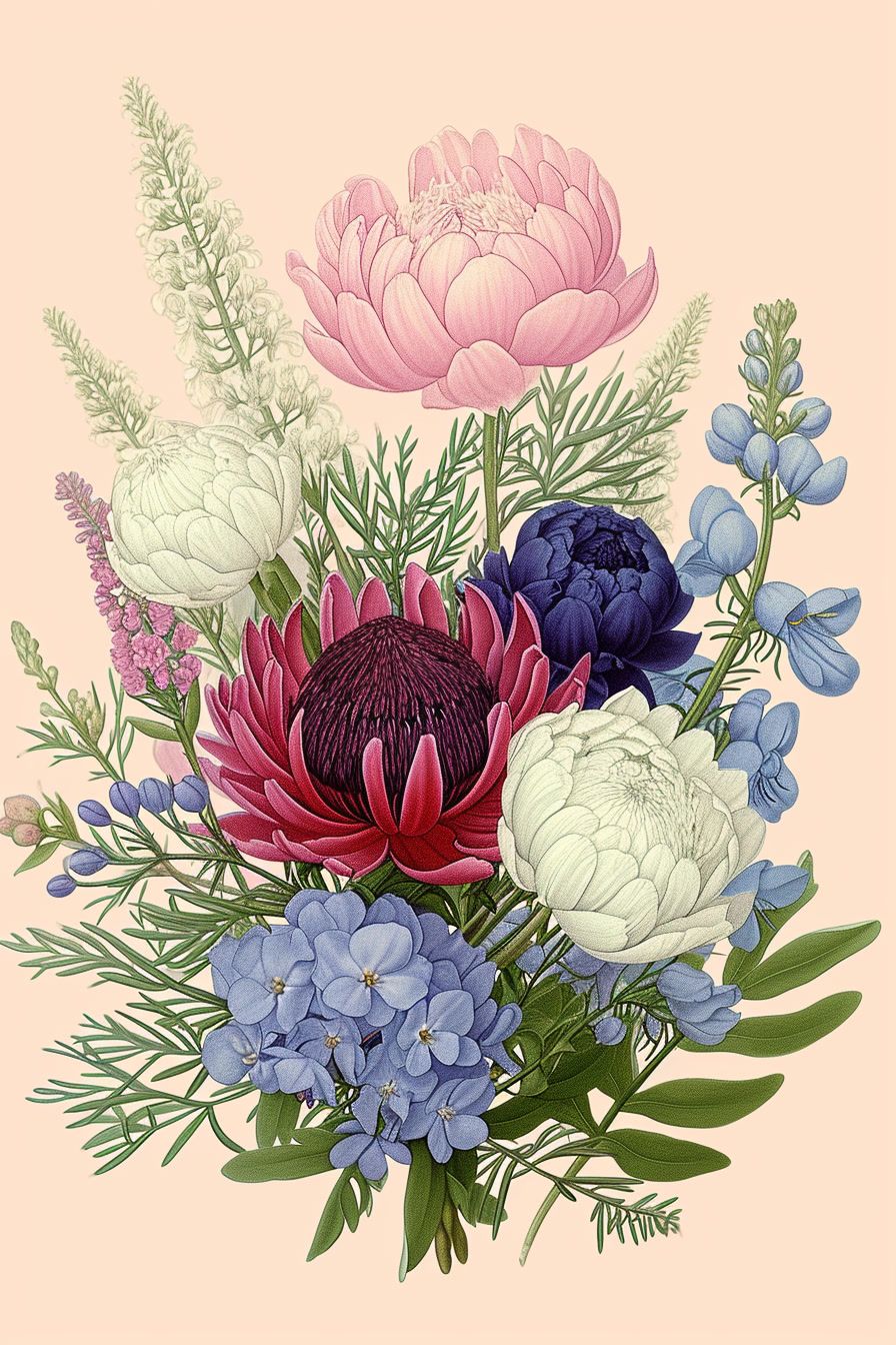 a bouquet of flowers on a pink background