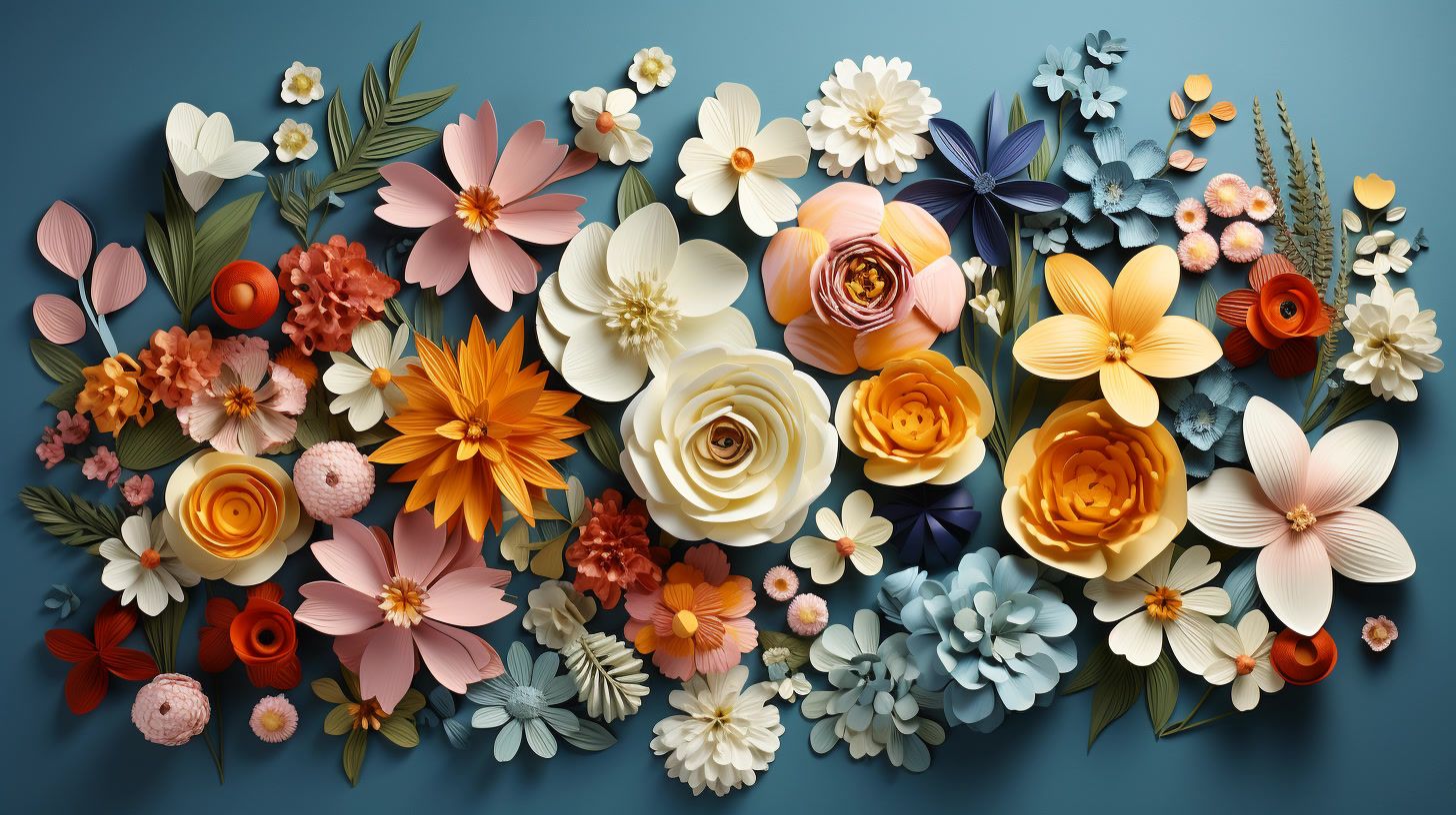 a bunch of paper flowers on a blue background