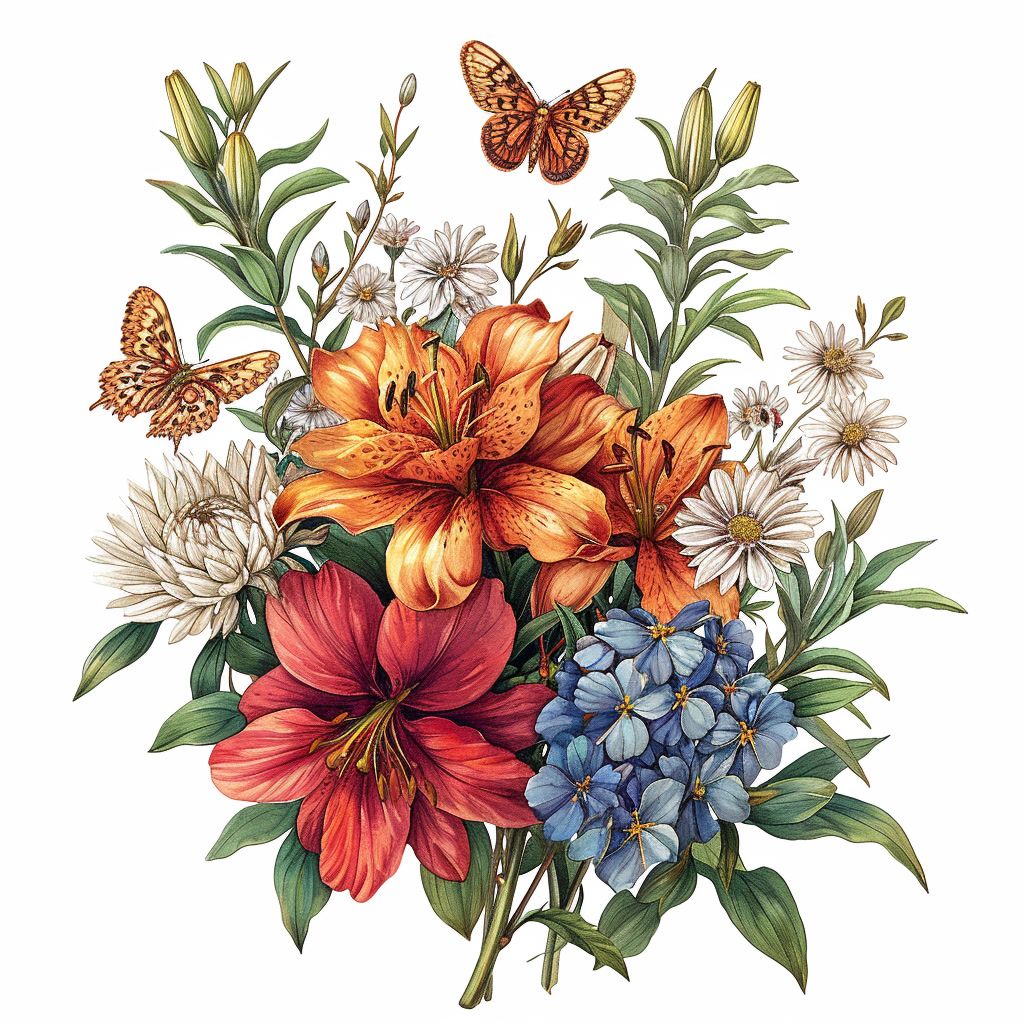 a bouquet of flowers and butterflies on a white background